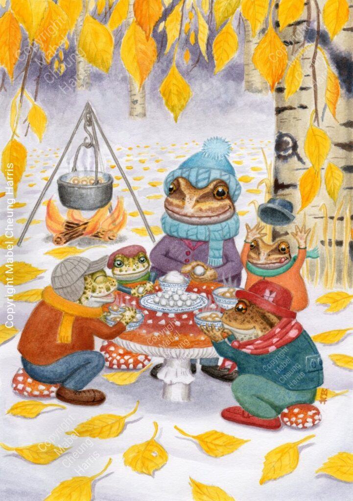 Frogs and toads sitting around a toadstool table making chinese sweet dumplings and eating the sweet ginger dumpling soup.  They are sitting in a snowy wood with yelow birch leaves around and a campfire in background.  