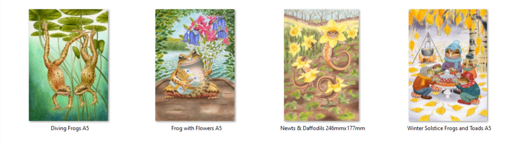 Original paintings for sale, various sizes. Fun images of our frog and newt friends.